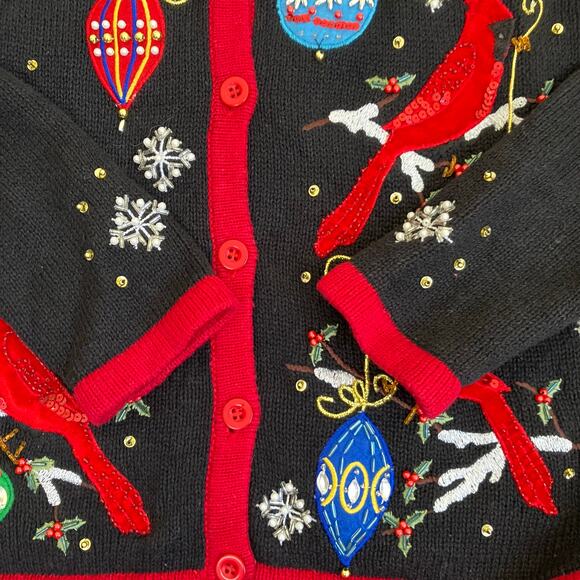 Kim Rogers Sz SP Vtg 90s Knitted Holiday Cardigan Boho Embroidered Beaded - Picture 15 of 16